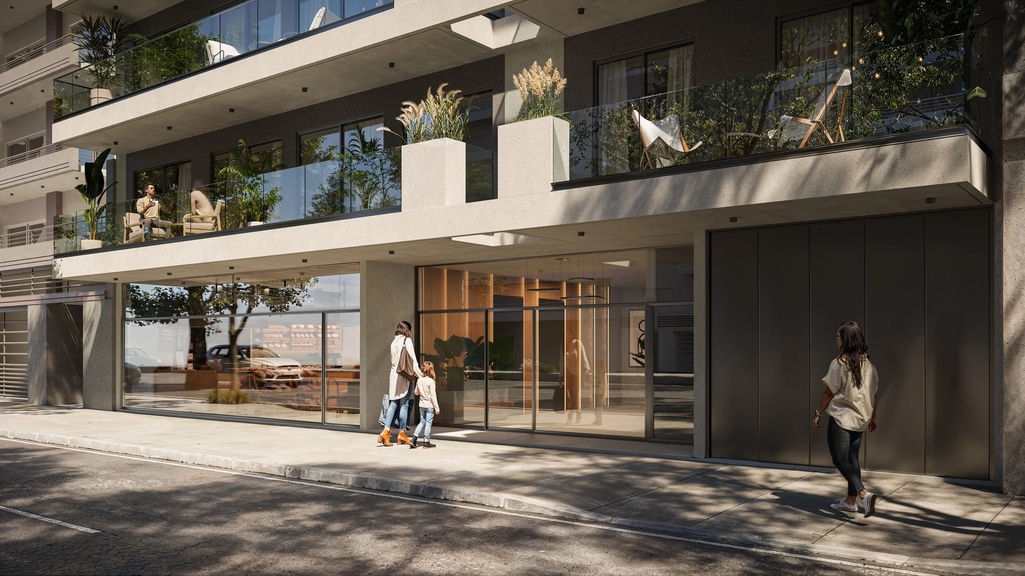 Render fotorrealista de CUBIQA: fachada de un edificio residencial moderno a nivel de calle, con balcones vidriados y transeúntes en la vereda a plena luz del día