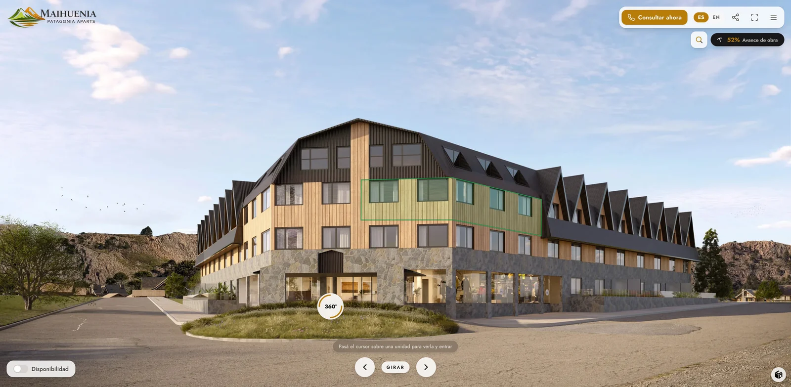 Screenshot of the Maihuenia virtual showroom in Caviahue: the interactive façade with a highlighted unit and the construction progress