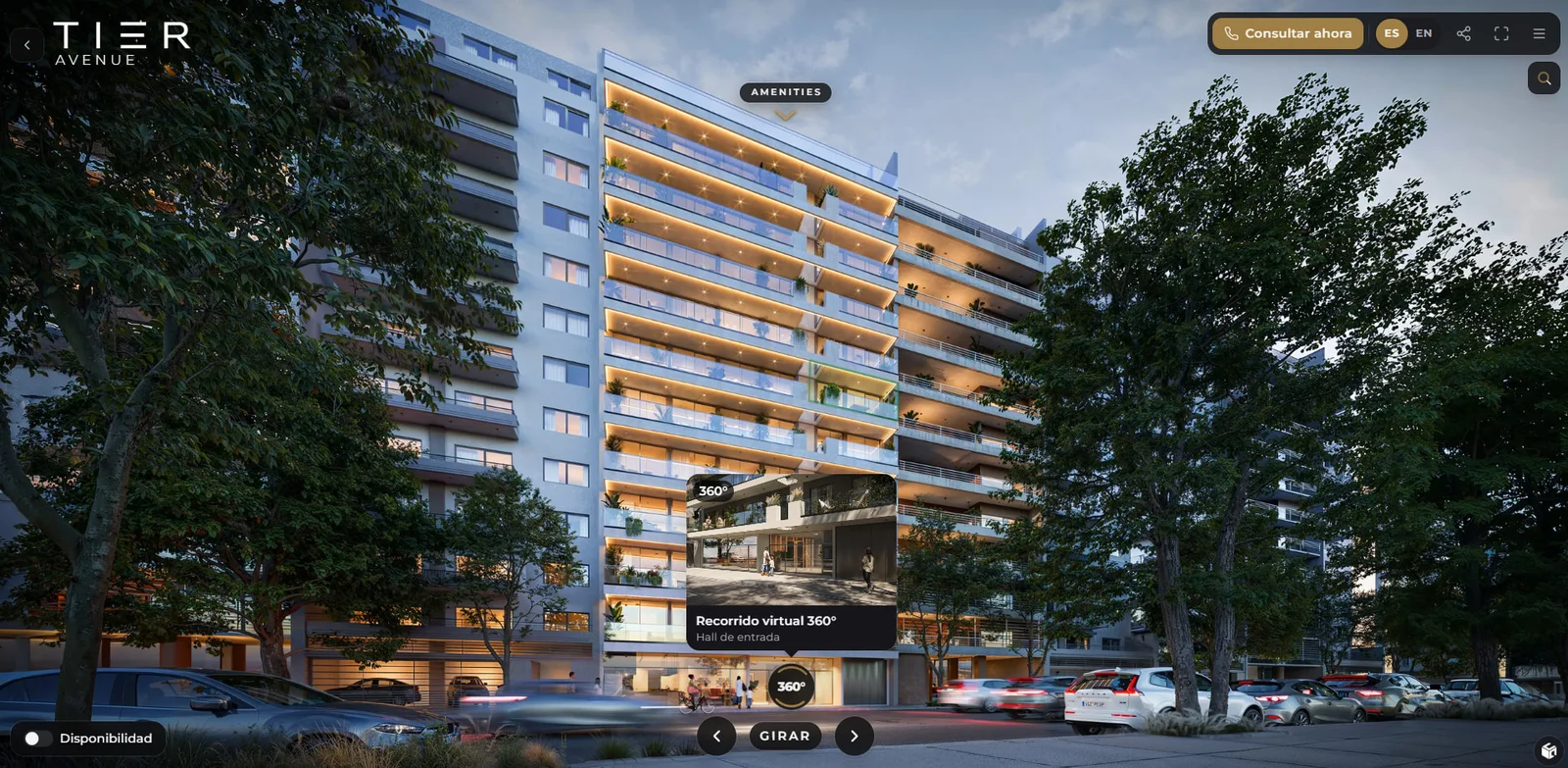 Screenshot of the TIER Avenue virtual showroom: the interactive façade with the entry to the 360° tour of the lobby