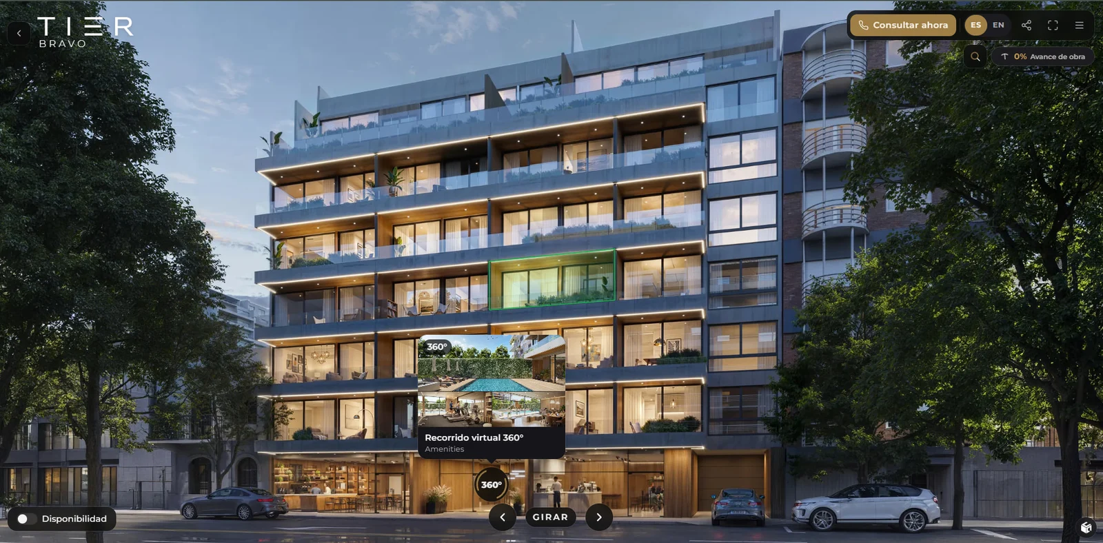 Screenshot of the TIER Bravo virtual showroom: the interactive façade with the entry to the 360° tour of the amenities
