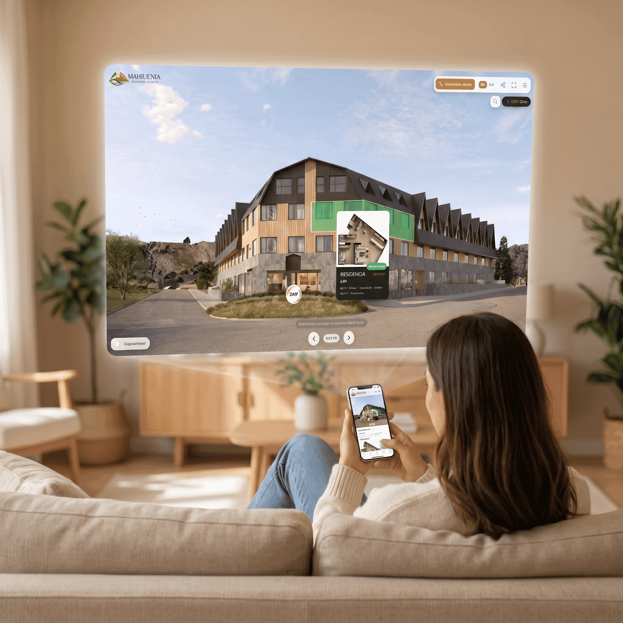 Comprador explorando el showroom Maihuenia en una pantalla grande y en su teléfono, con la ficha de una residencia
