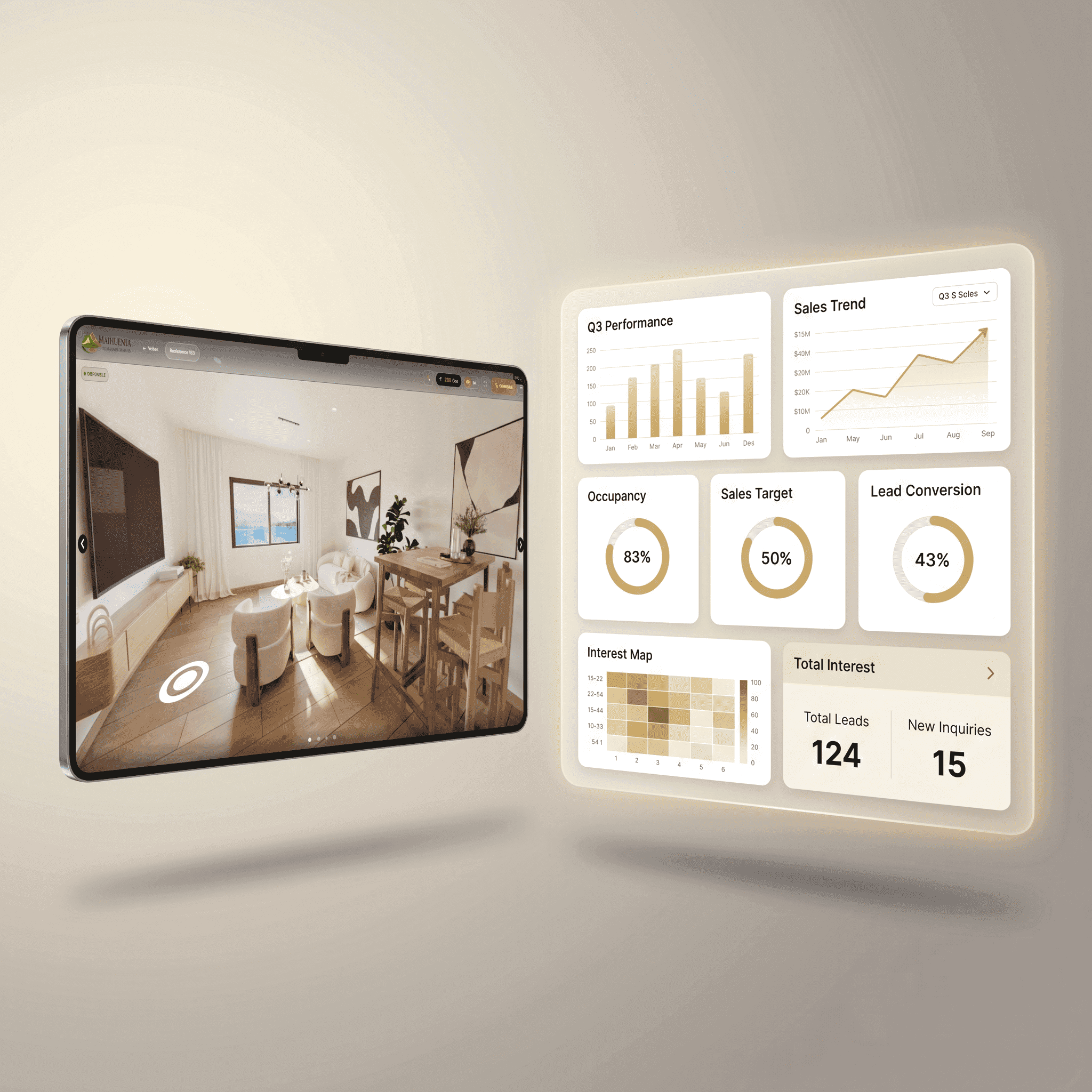Showroom en una tablet junto a un panel de métricas: ocupación, conversión de leads, mapa de calor de interés y total de consultas