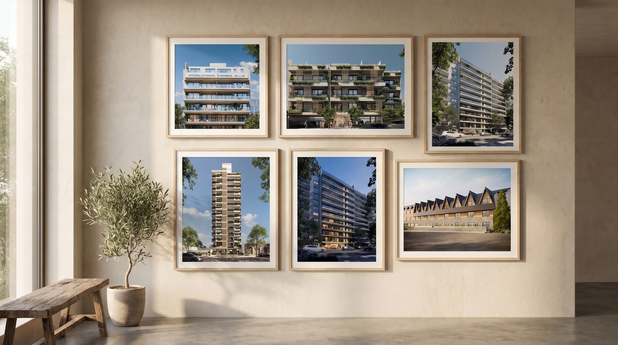 Estudio de visualización arquitectónica con renders enmarcados