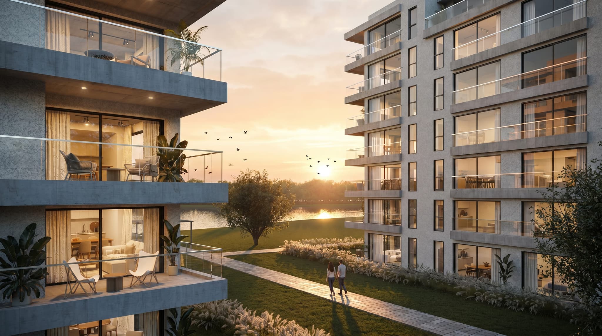 Render fotorrealista de dos edificios residenciales al atardecer