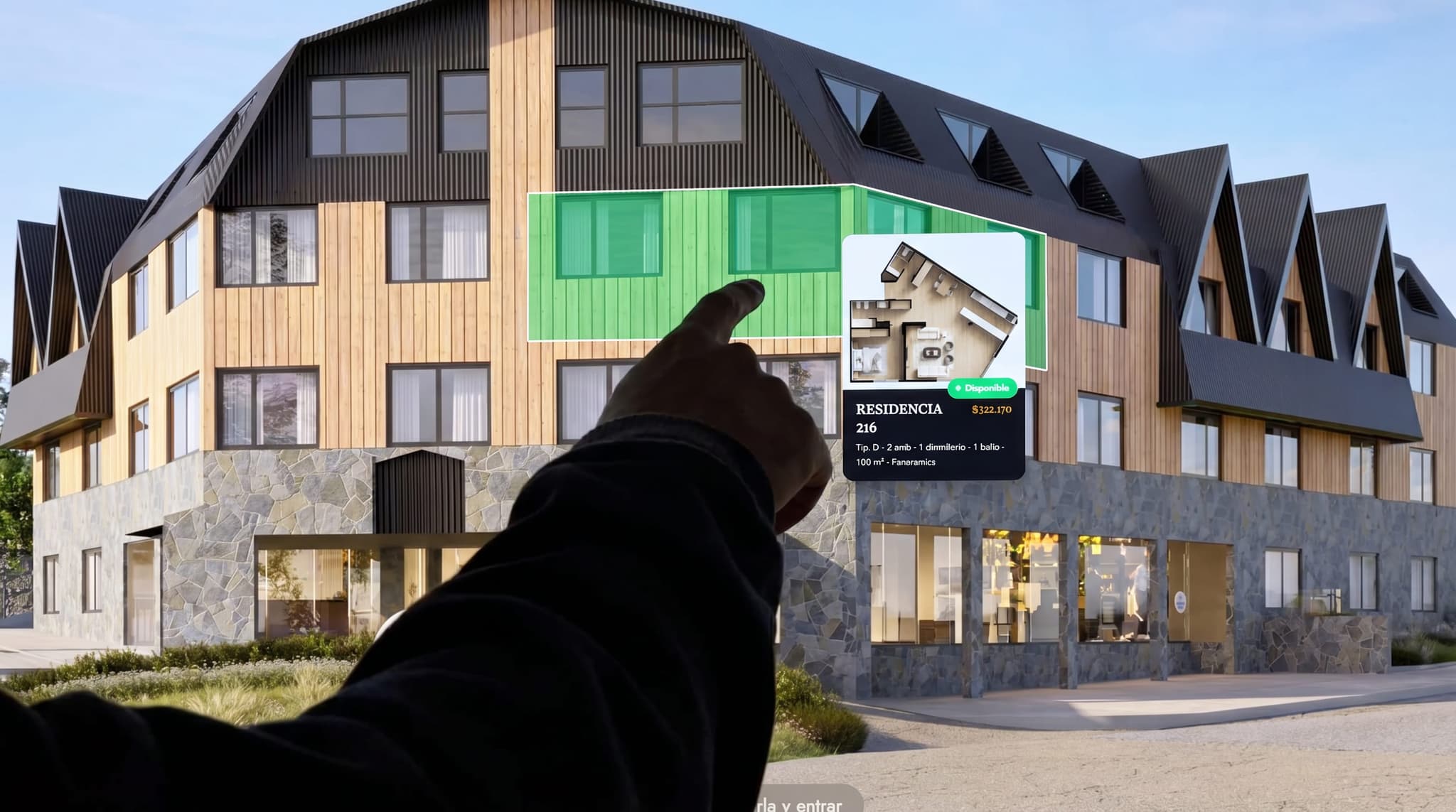Ficha de unidad abierta sobre la fachada del showroom: residencia disponible con plano, precio y tipología