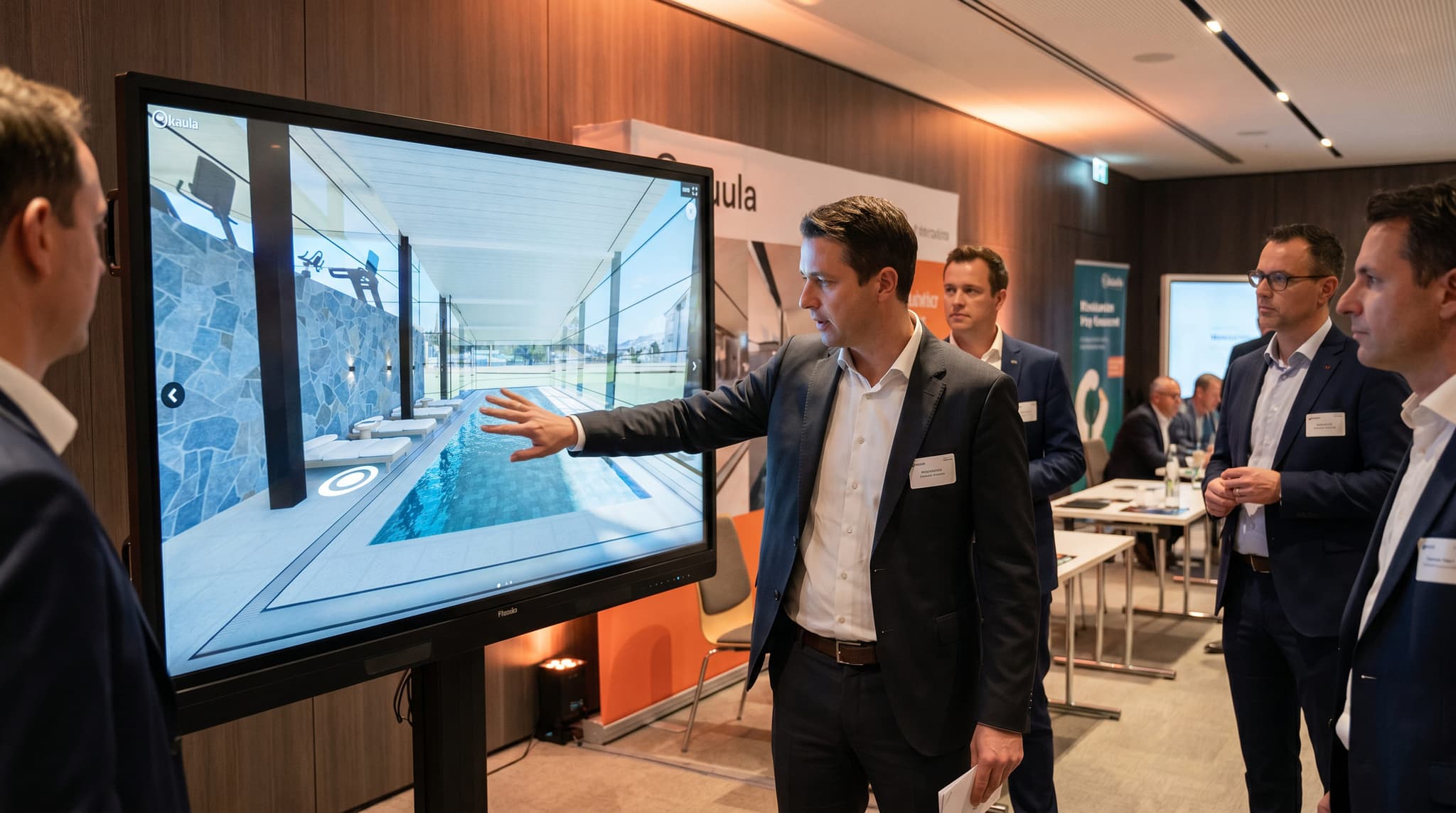 Recorrido 3D de los amenities —pileta, solárium y gimnasio— en una pantalla táctil durante un evento
