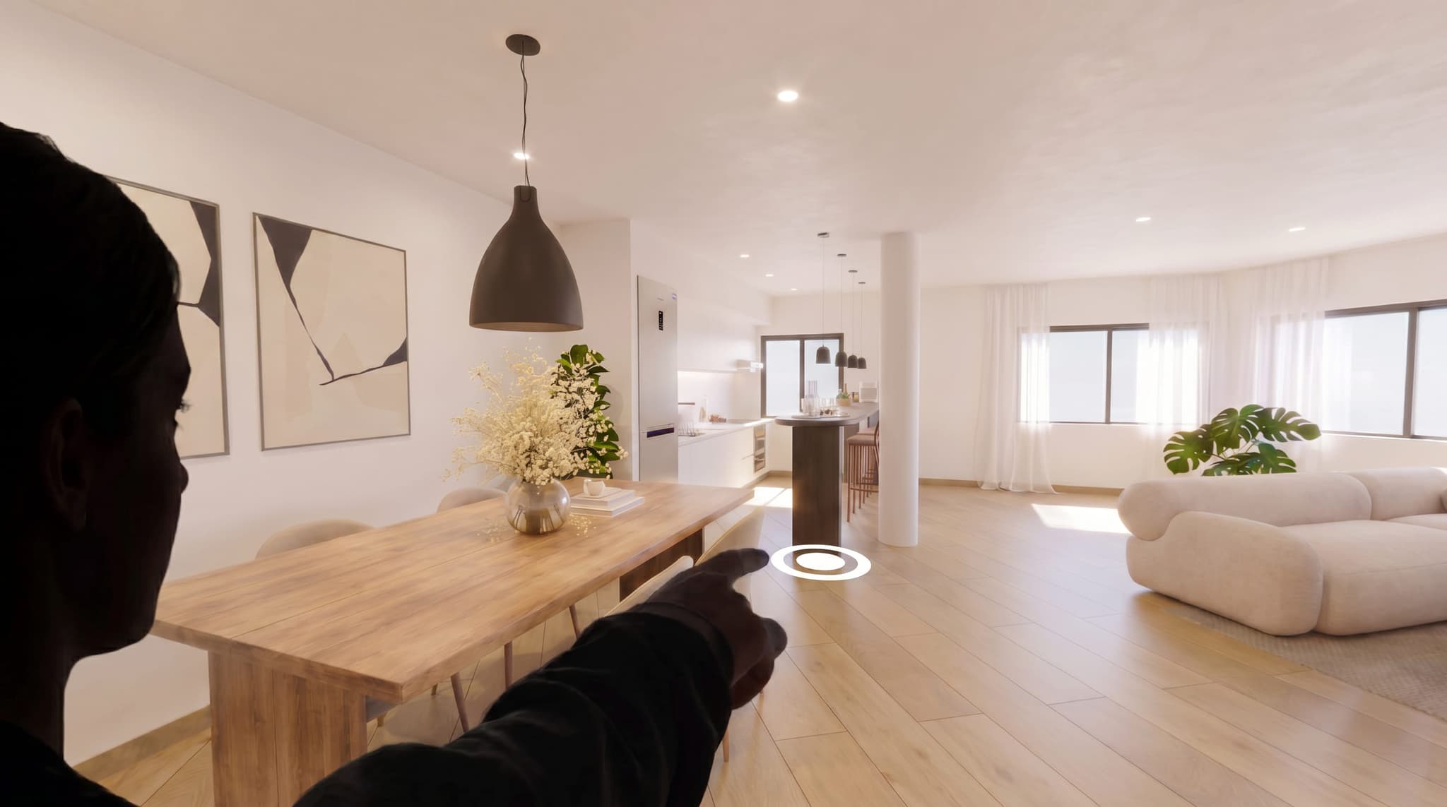 Vista en primera persona del recorrido 3D: living comedor renderizado con el marcador de navegación en el piso