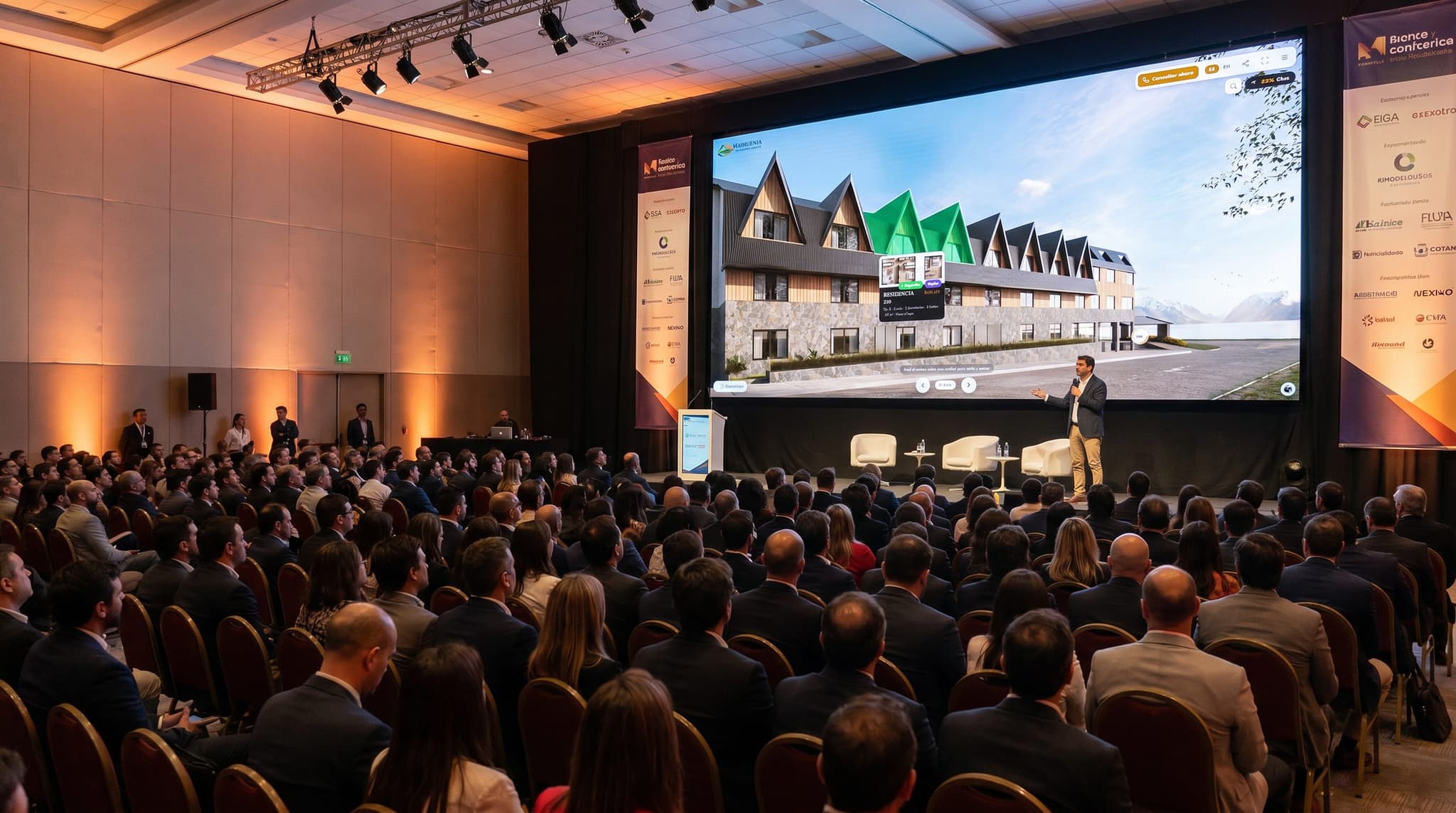 Presentación del showroom Maihuenia en pantalla gigante ante el auditorio de un evento inmobiliario