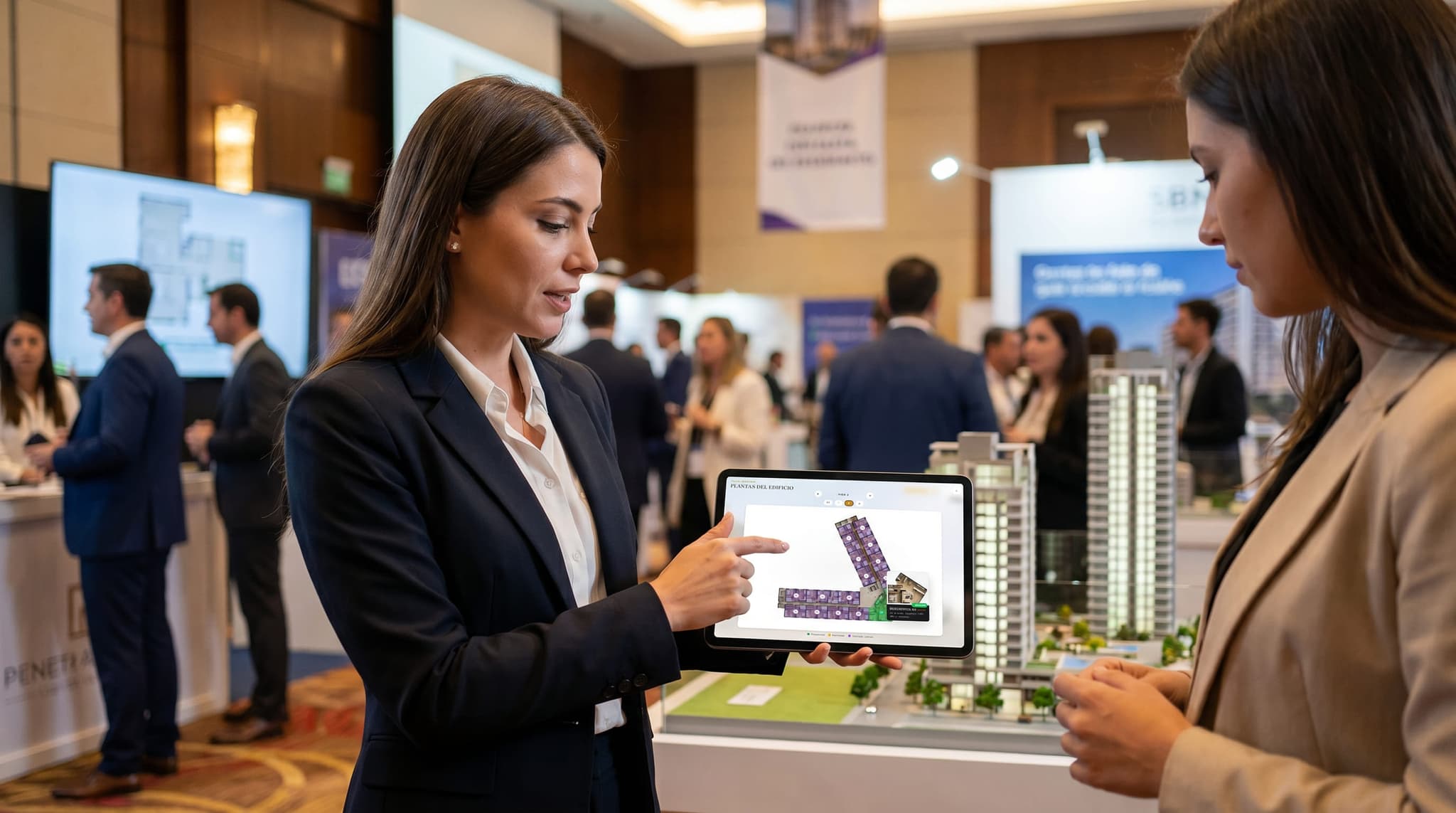 Dos personas revisando la planta interactiva del edificio en una tablet, junto a la maqueta del desarrollo
