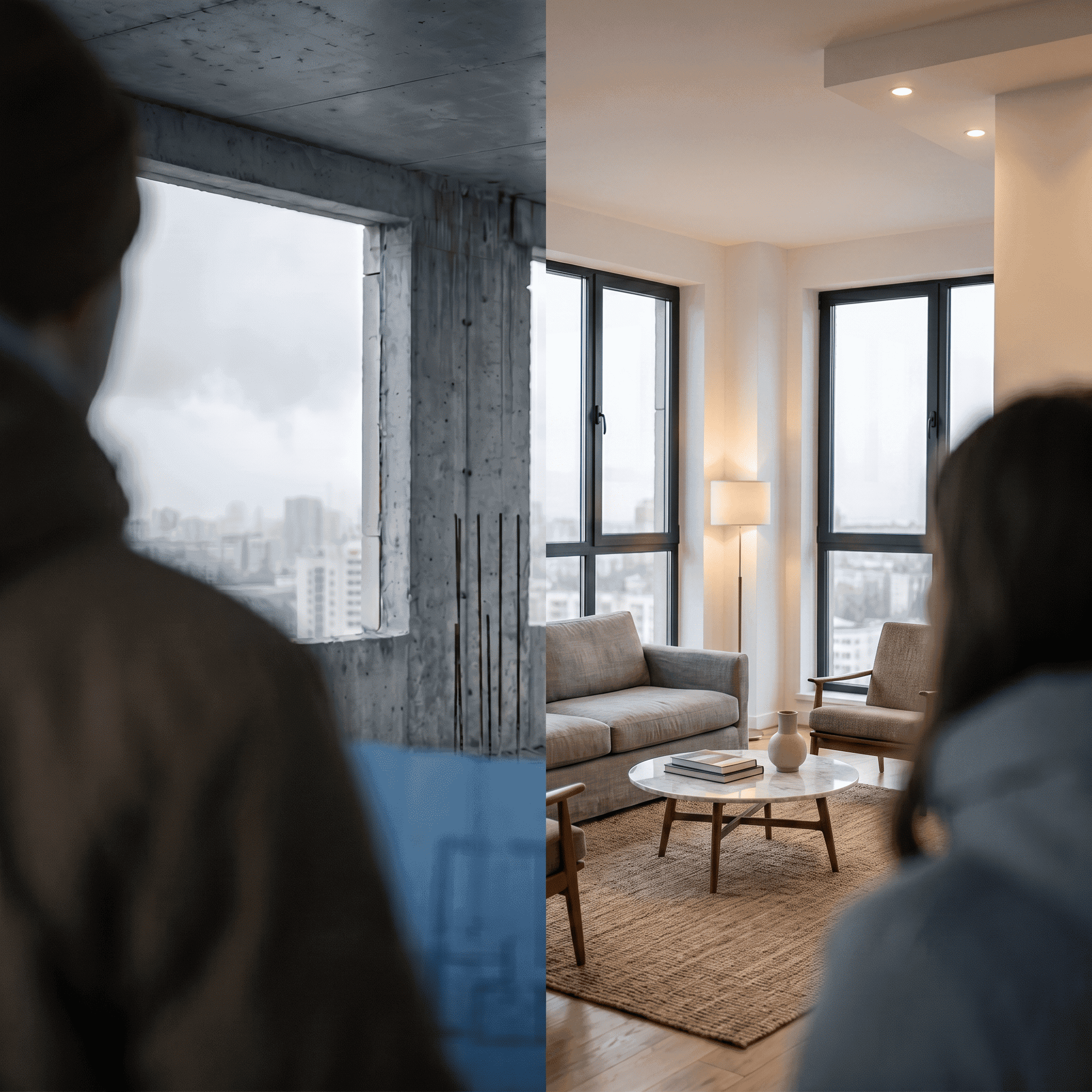 Comparación entre una unidad en obra gris y la misma terminada y amoblada, vista por dos compradores
